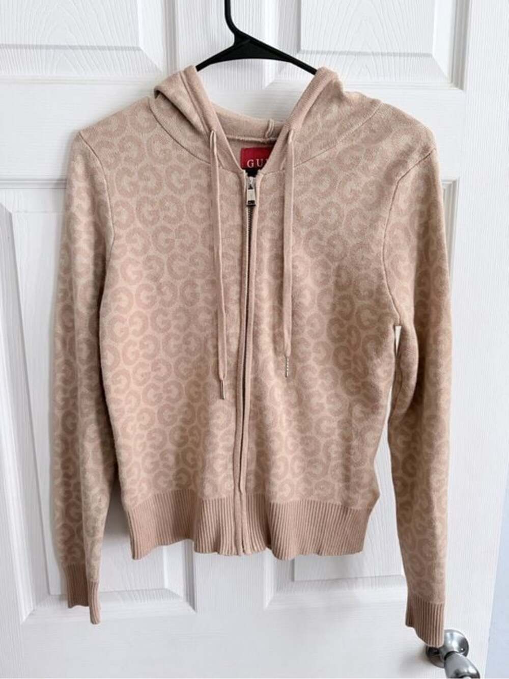 NWT GUESS Beige Logo-Pattern Zip Hoodie size S